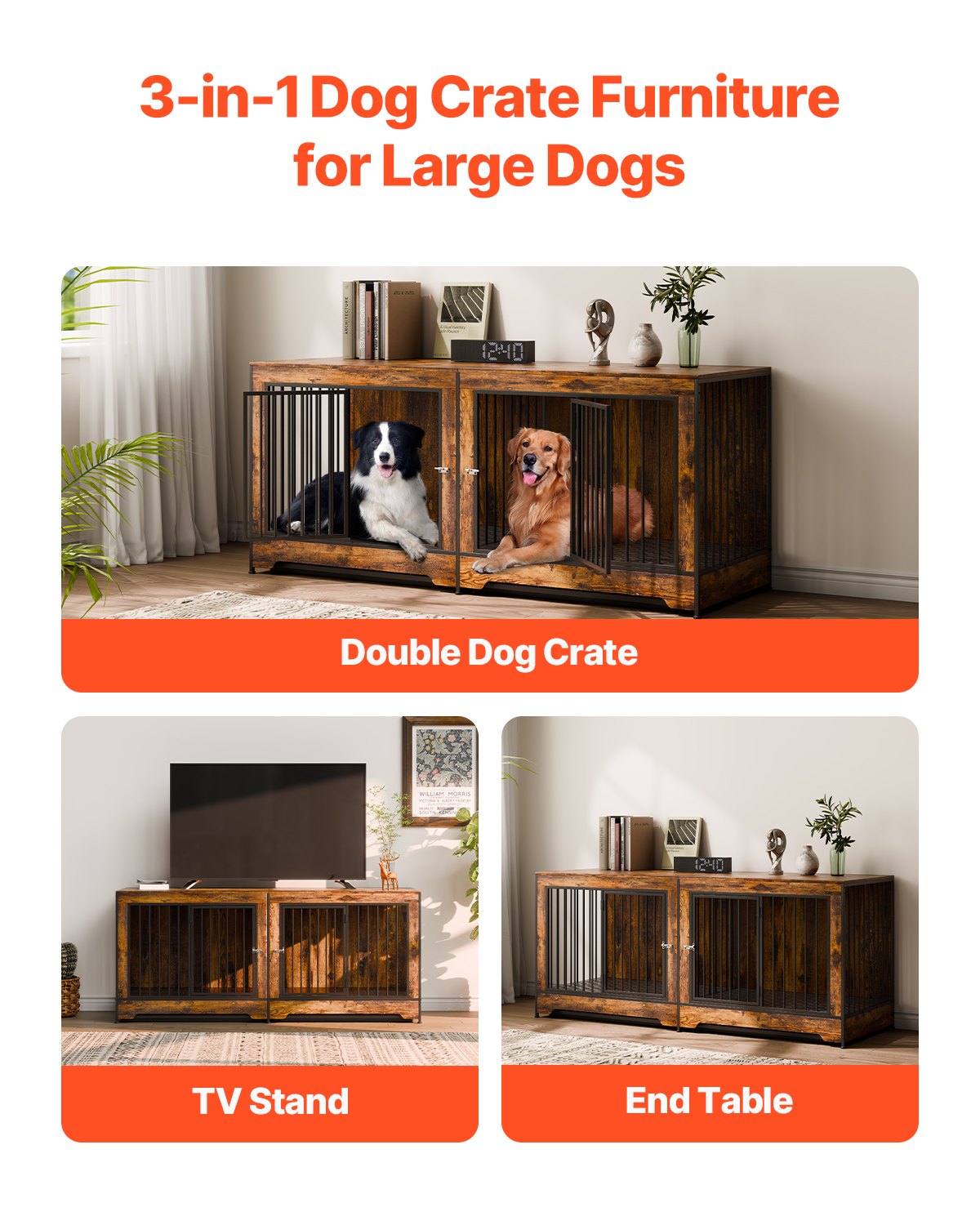 Dog Crate Furniture with Divider & Tray – Indoor Wooden Double Dog Kennel CJ