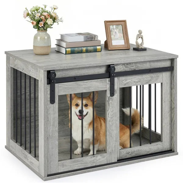 Dog Crate Furniture with Sliding Barn Door – Wooden Dog Kennel End Table CJ