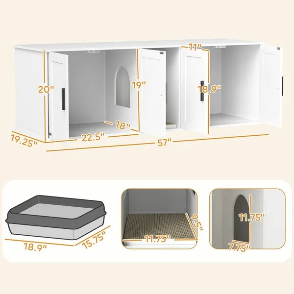Cat Litter Box Enclosure Furniture – Double Room Hidden Litter Box Cabinet for 2 Cats CJ