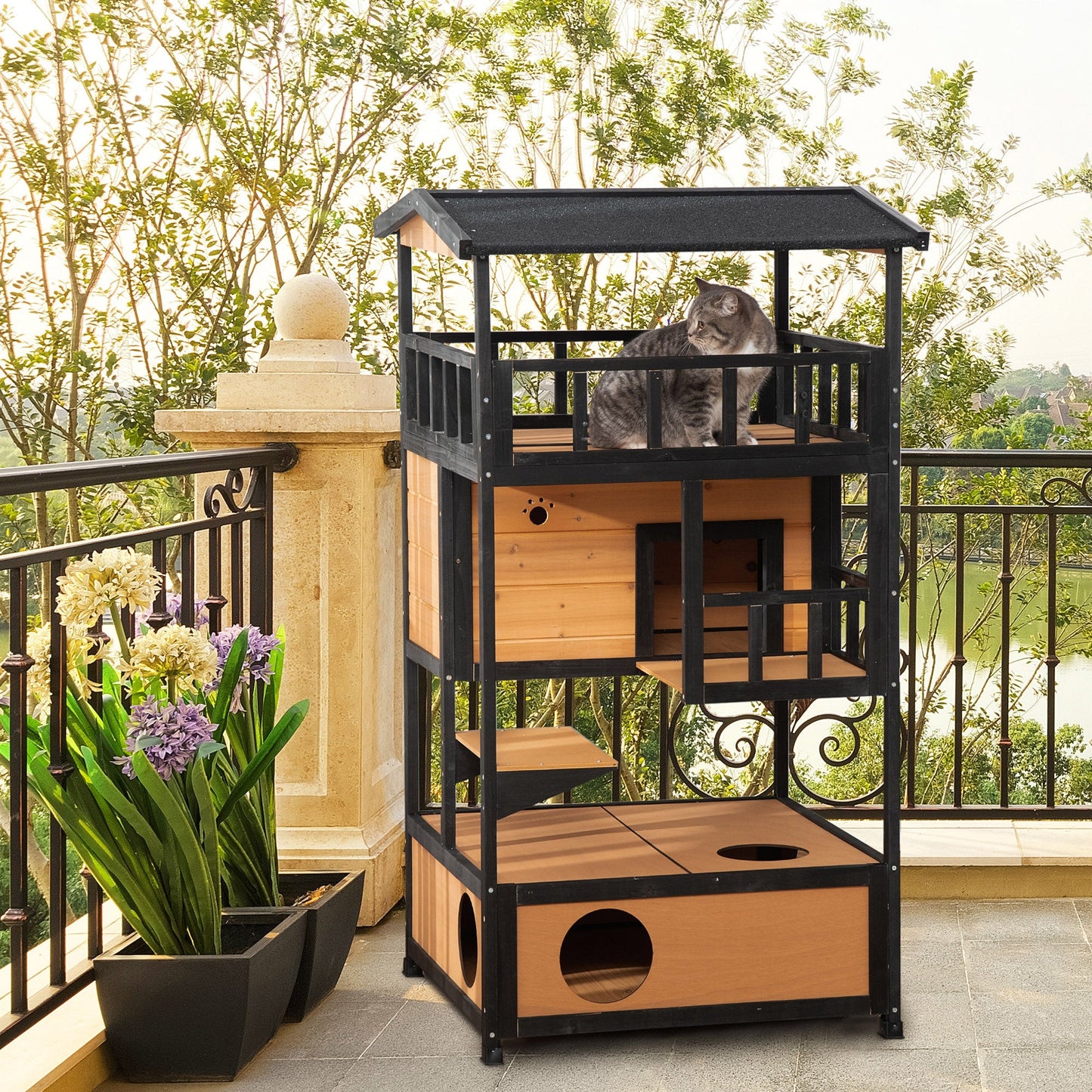 Wooden Outdoor Cat House – 3-Tier Feral Cat Shelter with Roof, Escape Doors and Climbing Platforms CJ
