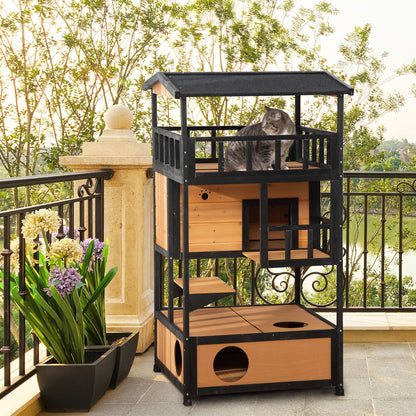 Wooden Outdoor Cat House – 3-Tier Feral Cat Shelter with Roof, Escape Doors and Climbing Platforms CJ