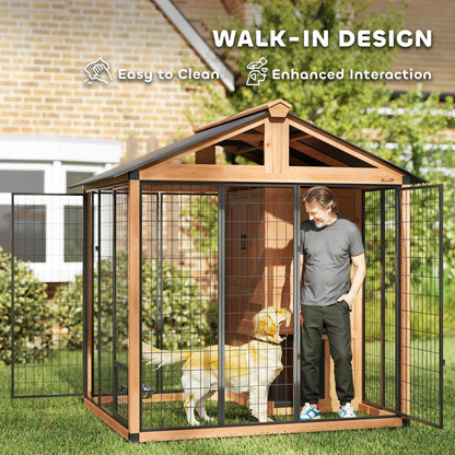 Extra Large Luxury Wooden Outdoor Dog Kennel with Covered House, Storage Cabinet and Elevated Feeding Station CJ