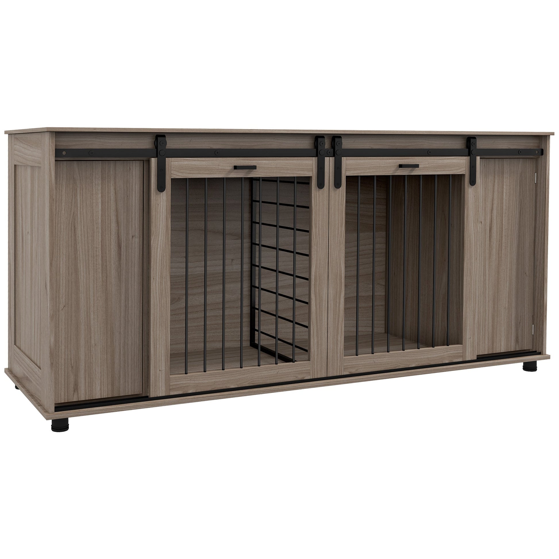 Modern Dog Kennel Furniture with Storage – Walnut Double Dog Crate & TV Stand CJ