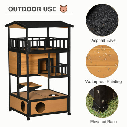 Wooden Outdoor Cat House – 3-Tier Feral Cat Shelter with Roof, Escape Doors and Climbing Platforms CJ