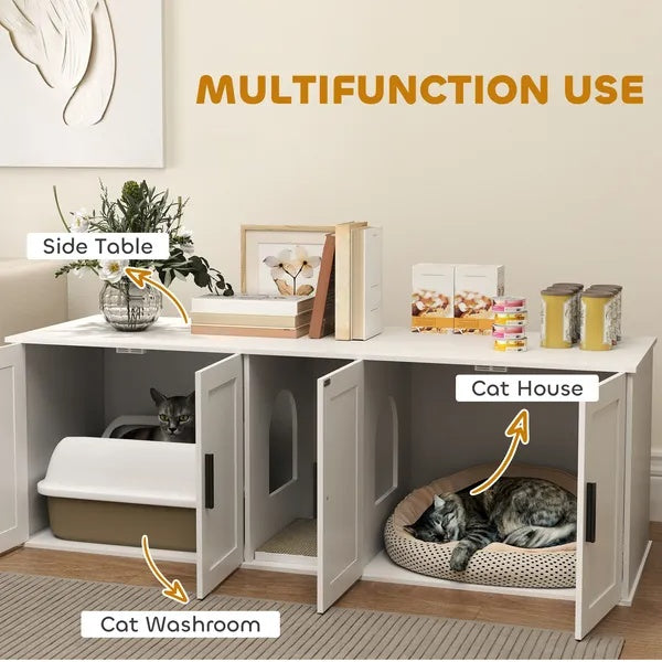 Cat Litter Box Enclosure Furniture – Double Room Hidden Litter Box Cabinet for 2 Cats CJ