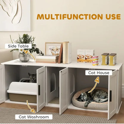 Cat Litter Box Enclosure Furniture – Double Room Hidden Litter Box Cabinet for 2 Cats CJ