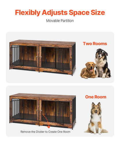 Dog Crate Furniture with Divider & Tray – Indoor Wooden Double Dog Kennel CJ