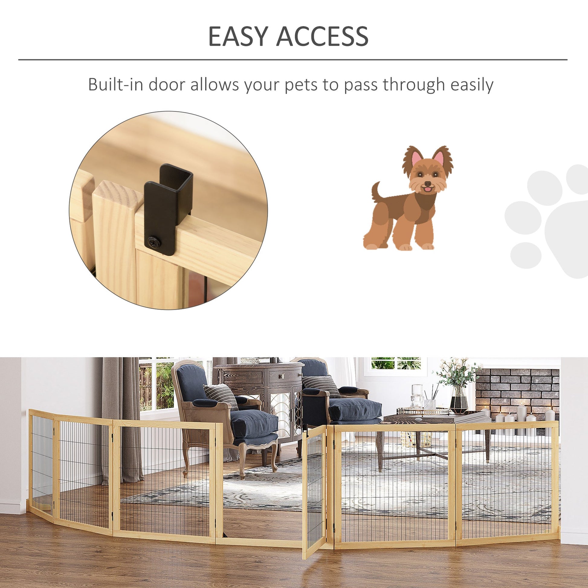 Freestanding Wooden Pet Gate – Foldable 6-Panel Dog Gate for Doorways and Stairs CJ