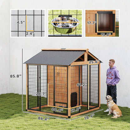 Extra Large Luxury Wooden Outdoor Dog Kennel with Covered House, Storage Cabinet and Elevated Feeding Station CJ
