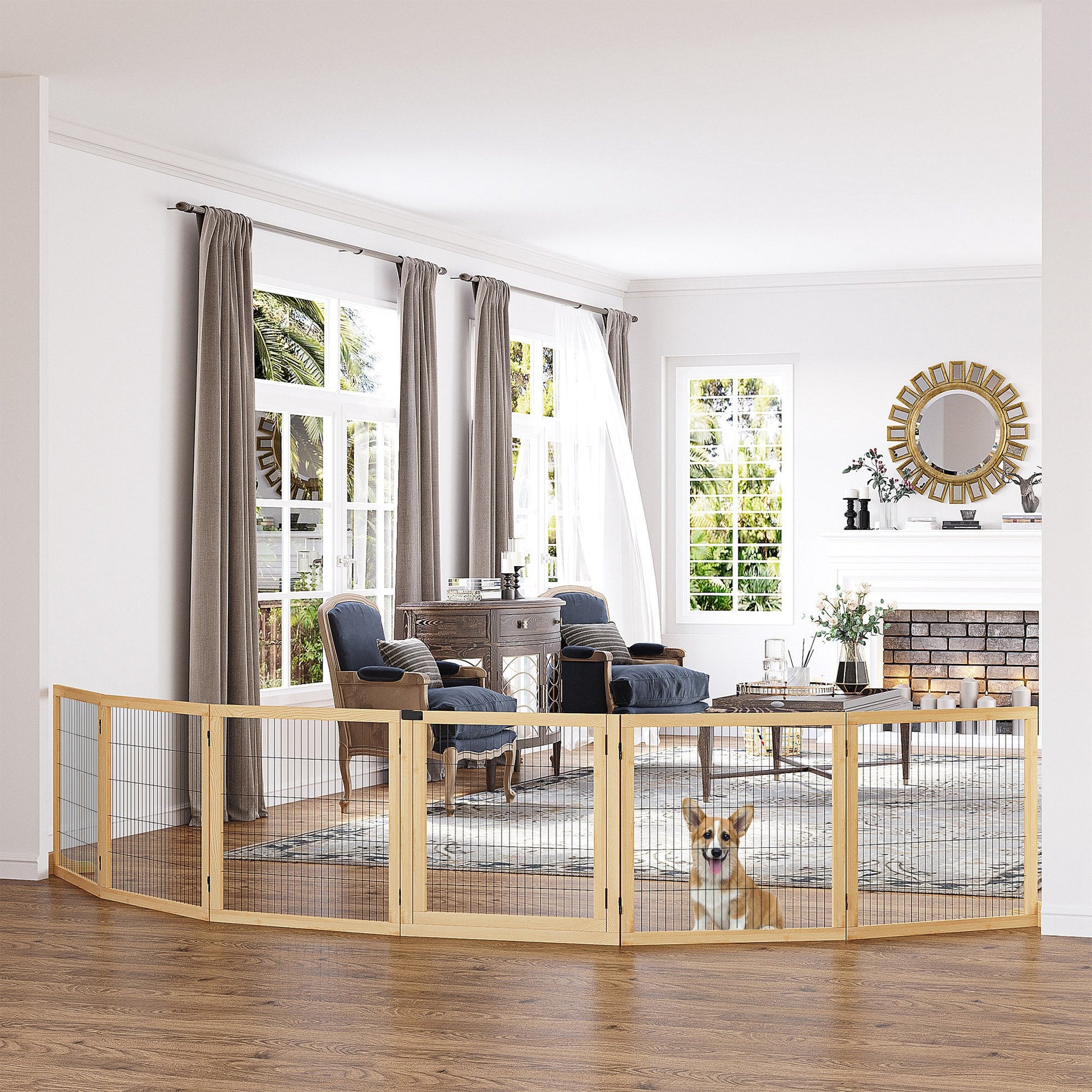 Freestanding Wooden Pet Gate – Foldable 6-Panel Dog Gate for Doorways and Stairs CJ