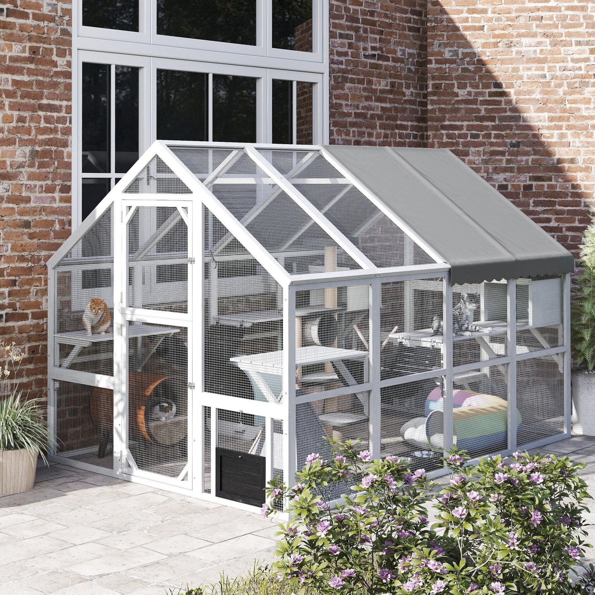 Wooden Catio Outdoor Cat Enclosure with Waterproof Cover, Platforms & Condos CJ