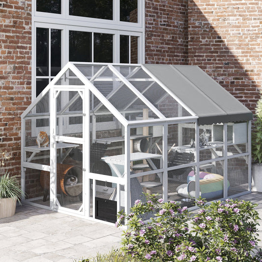 Wooden Catio Outdoor Cat Enclosure with Waterproof Cover, Platforms & Condos CJ