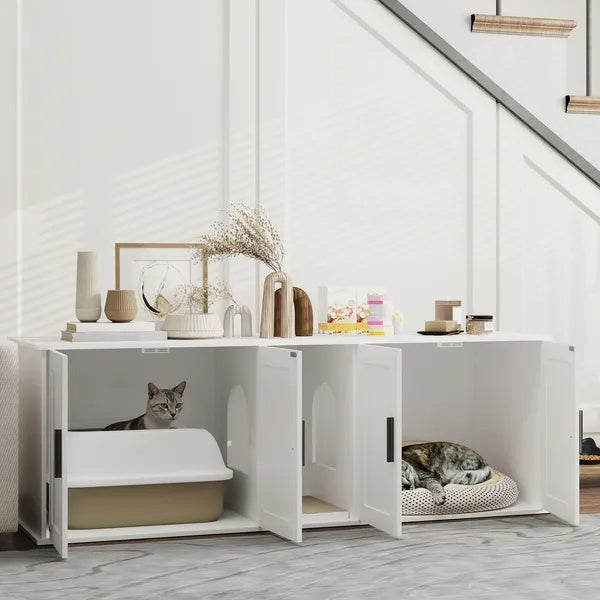 Cat Litter Box Enclosure Furniture – Double Room Hidden Litter Box Cabinet for 2 Cats CJ